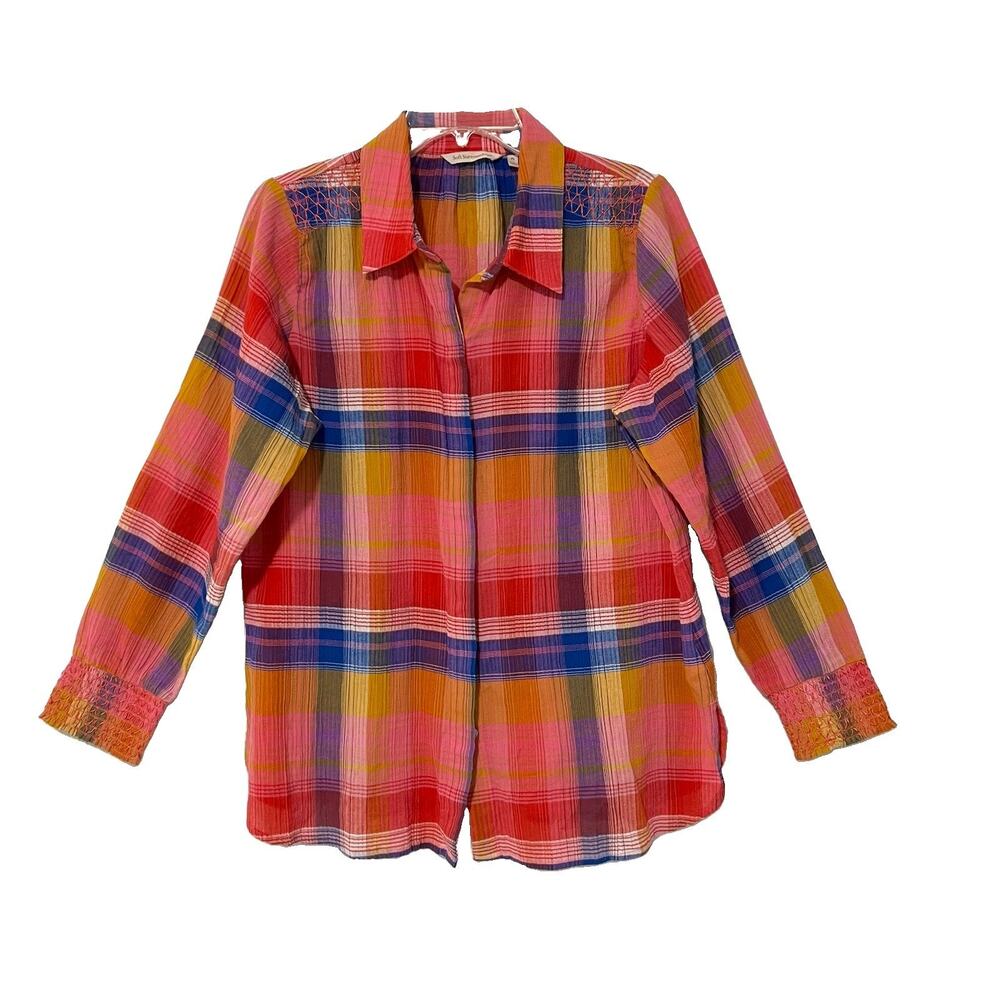 Soft Surroundings Petite Large Plaid Shirt Button Down Smocked Collared Top Luxe